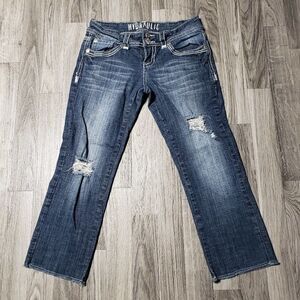 Hydraulic Distressed Embroidered Cropped Jeans‎